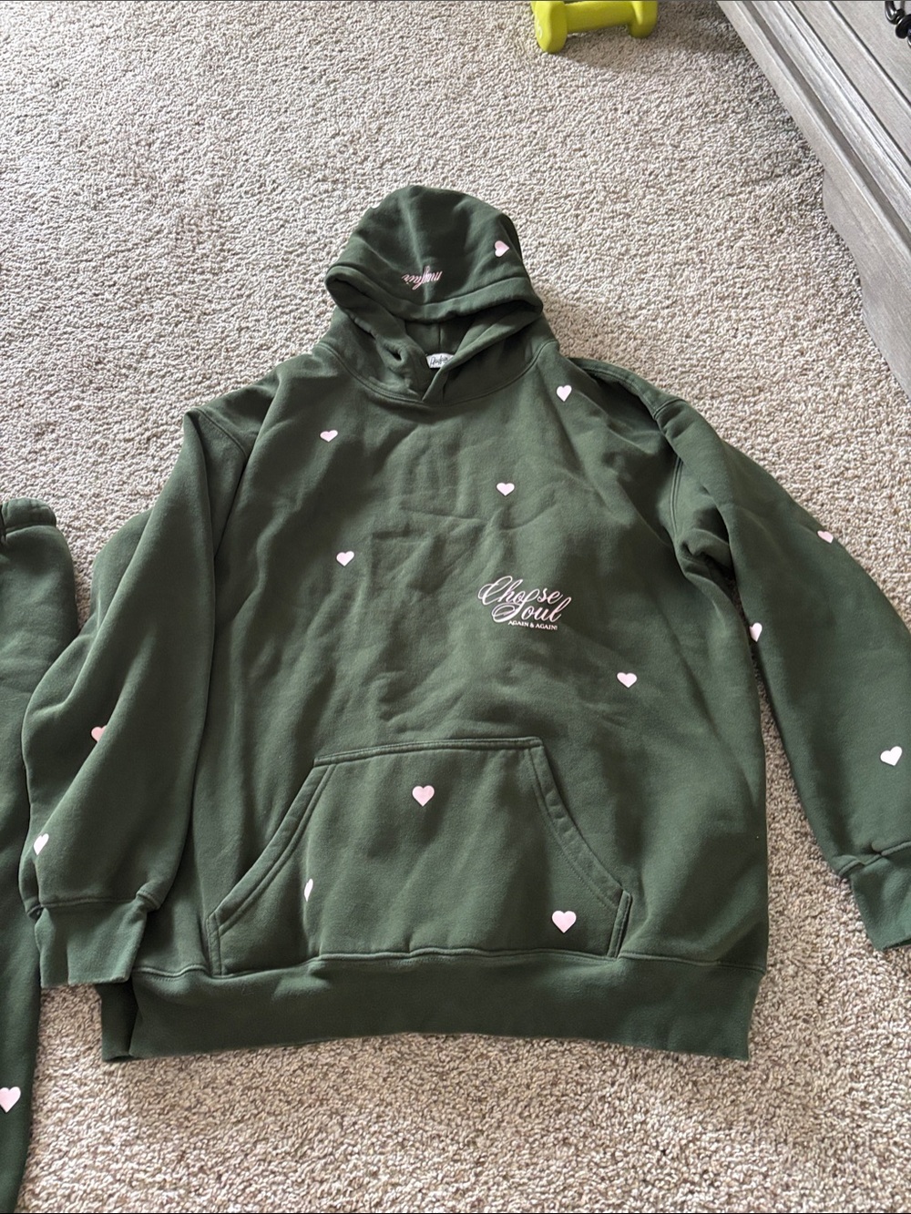Olive Green Hoodie with Pink Heart Details by Chose Soul